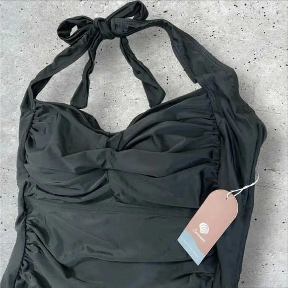 Smismivo New One Piece Swimsuit Size XXXL Black Halter Tummy Control Ruched - Picture 5 of 16